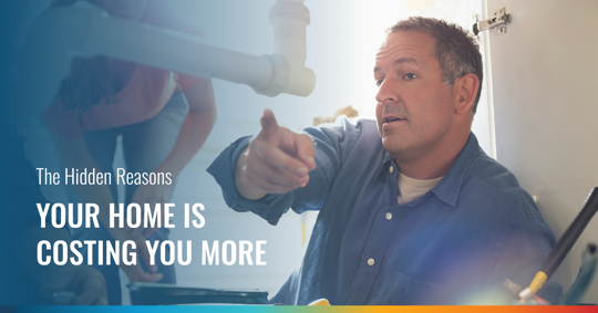 A plumber points while discussing "The Hidden Reasons YOUR HOME IS COSTING YOU MORE." Another person is partially visible in the background.