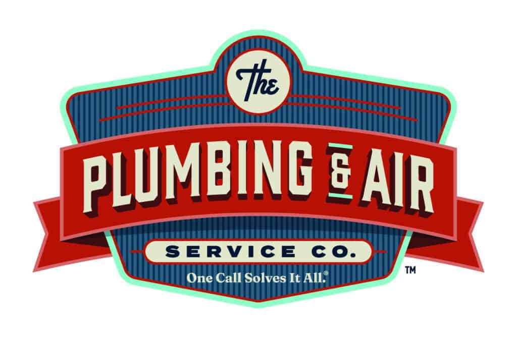 Logo for “The Plumbing and Air Service Co.” with the slogan “One Call Solves It All!” in bold red, blue, and cream colors.