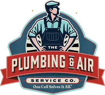 Logo for “The Plumbing & Air Service Co.” featuring a person in overalls with arms akimbo, and the slogan “One Call Solves It All.” Circular design with banners.