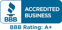 Blue and white logo showing “BBB Accredited Business” with a flame torch icon and text “BBB Rating: A+” below.