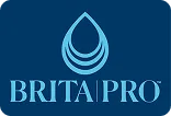Brita Pro logo featuring a stylized water droplet above the brand name “Brita Pro” on a dark blue background.
