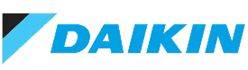 Daikin logo with a stylized blue and black diagonal shape followed by the word “DAIKIN” in blue uppercase letters.